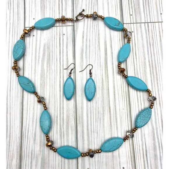 Artisan Bronze Bead & Howlite Stone Faux Turquoise Collar Necklace & Earring Set - Picture 10 of 12